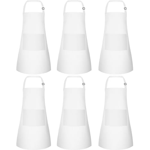 BOUBONI 6 Pack Kids Aprons with Pockets – Adjustable Chef Art Aprons for Painting, Cooking, Baking (White)