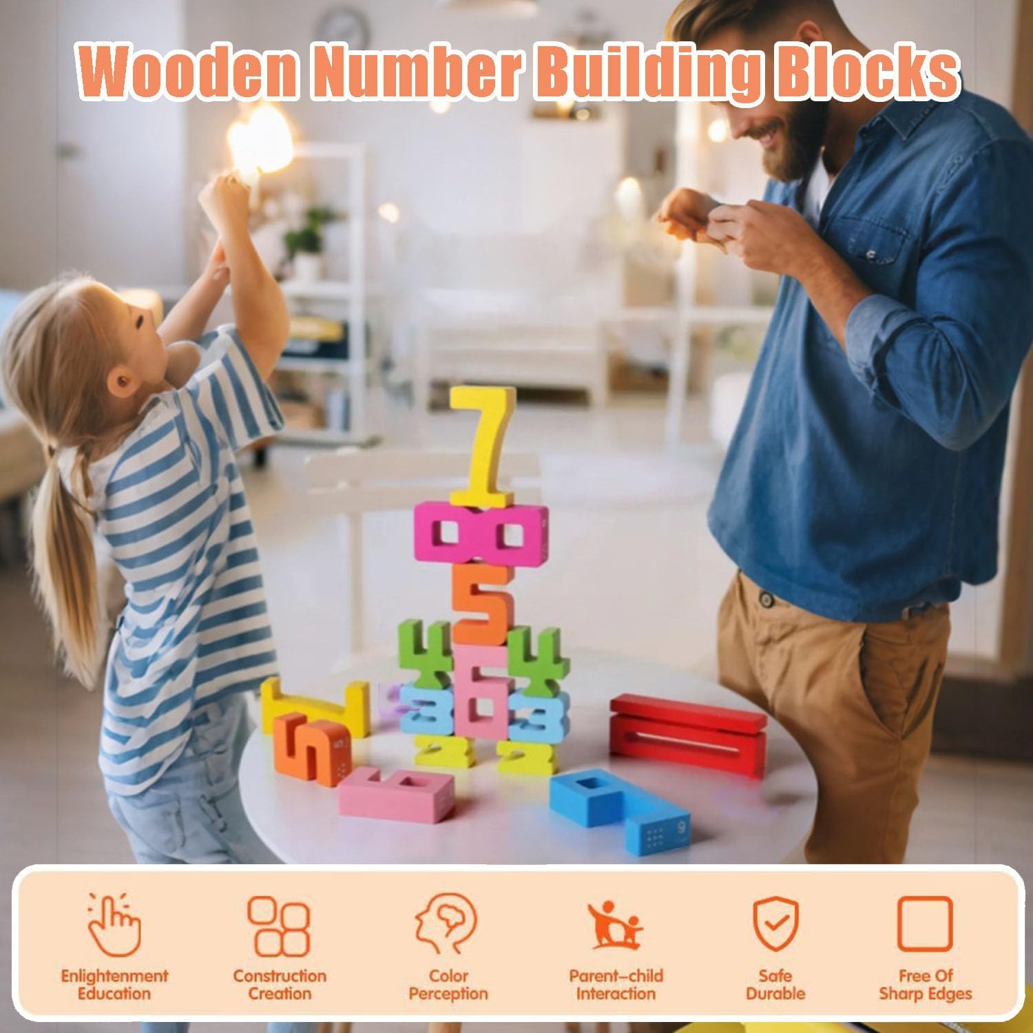 BOVVSKY Wooden Number Building Blocks - Montessori Math Learning Toy with 20 Blocks & 15 Cards