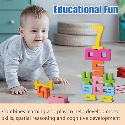 BOVVSKY Wooden Number Building Blocks - Montessori Math Learning Toy with 20 Blocks & 15 Cards