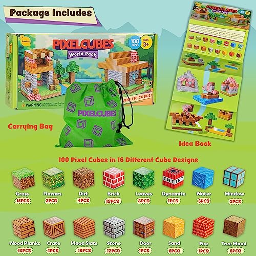 BrainSpark 100-Piece Magnetic Pixel Cubes – World-Themed STEM Building Blocks for Kids Ages 3-9