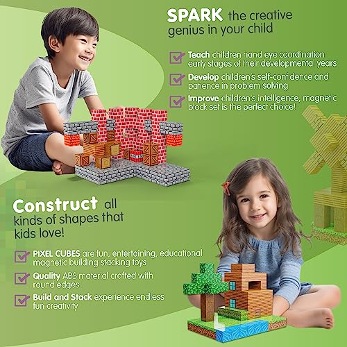 BrainSpark 100-Piece Magnetic Pixel Cubes – World-Themed STEM Building Blocks for Kids Ages 3-9