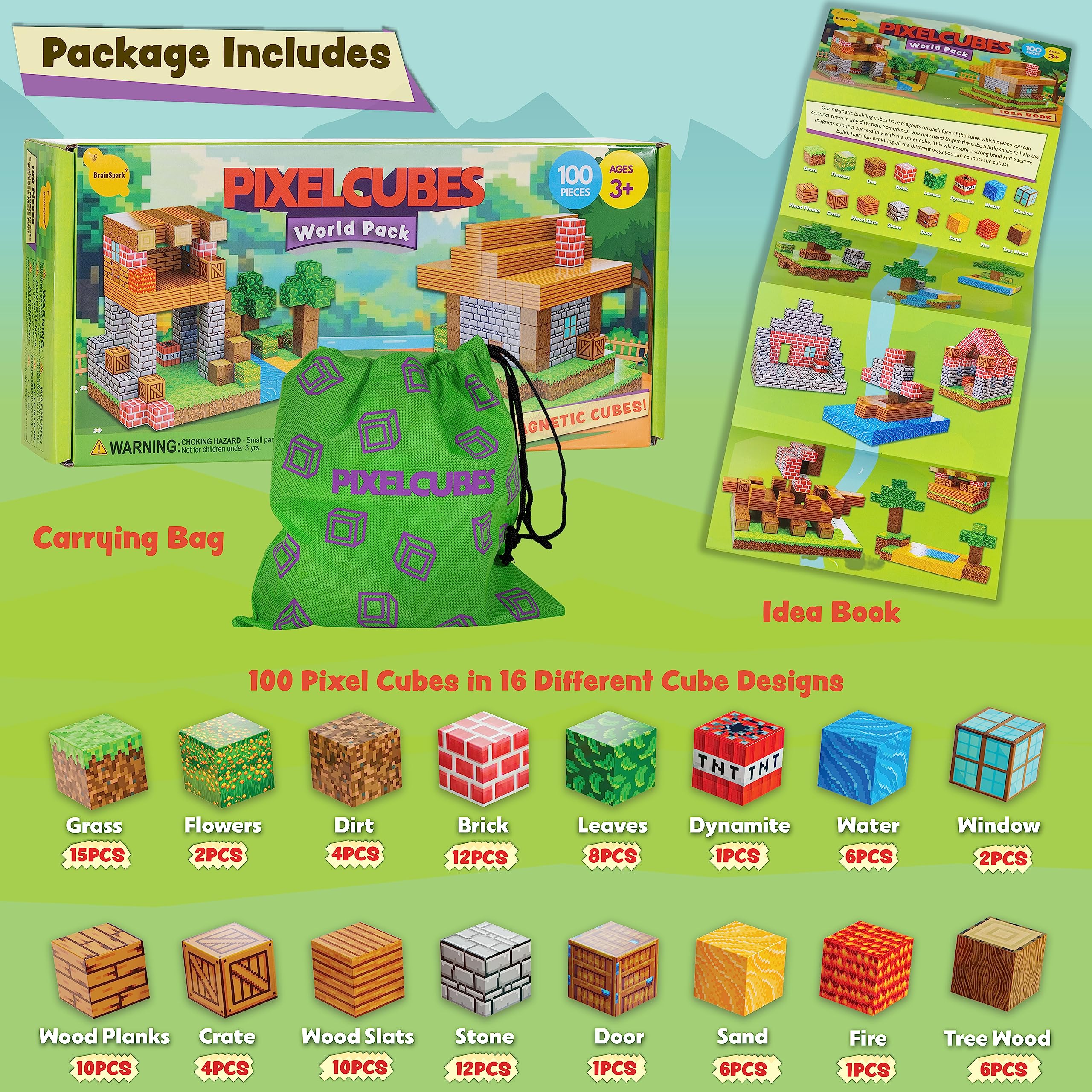 BrainSpark 100-Piece Magnetic Pixel Cubes – World-Themed STEM Building Blocks for Kids Ages 3-9