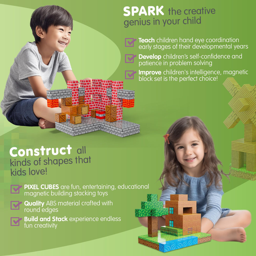 BrainSpark 100-Piece Magnetic Pixel Cubes – World-Themed STEM Building Blocks for Kids Ages 3-9