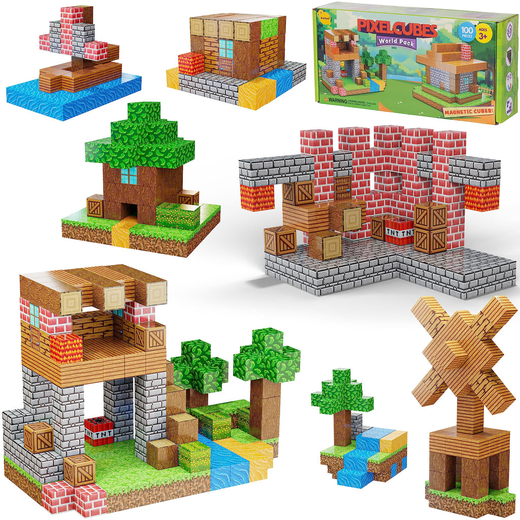 BrainSpark 100-Piece Magnetic Pixel Cubes – World-Themed STEM Building Blocks for Kids Ages 3-9