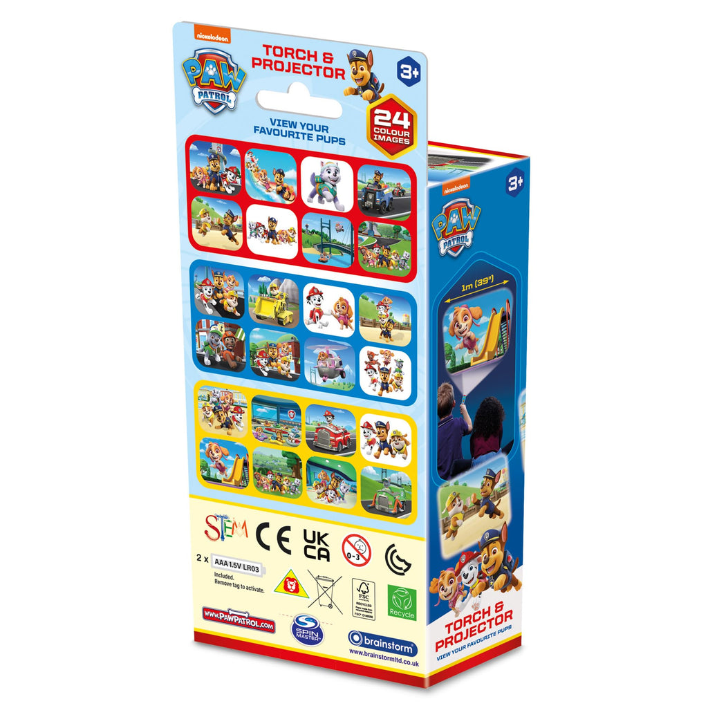 Brainstorm Toys Paw Patrol Torch & Projector – Handheld Flashlight with 24 Color Image Discs, Ages 3+