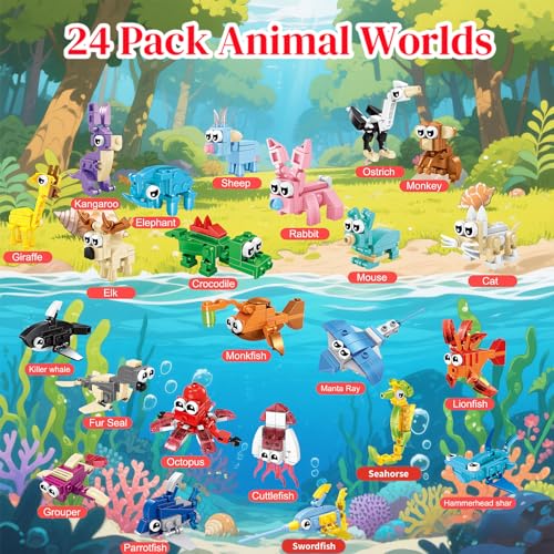 BRAITEN 24 Pack Animal Mini Block Sets – 72 Builds, Party Favors for Kids Ages 6-12