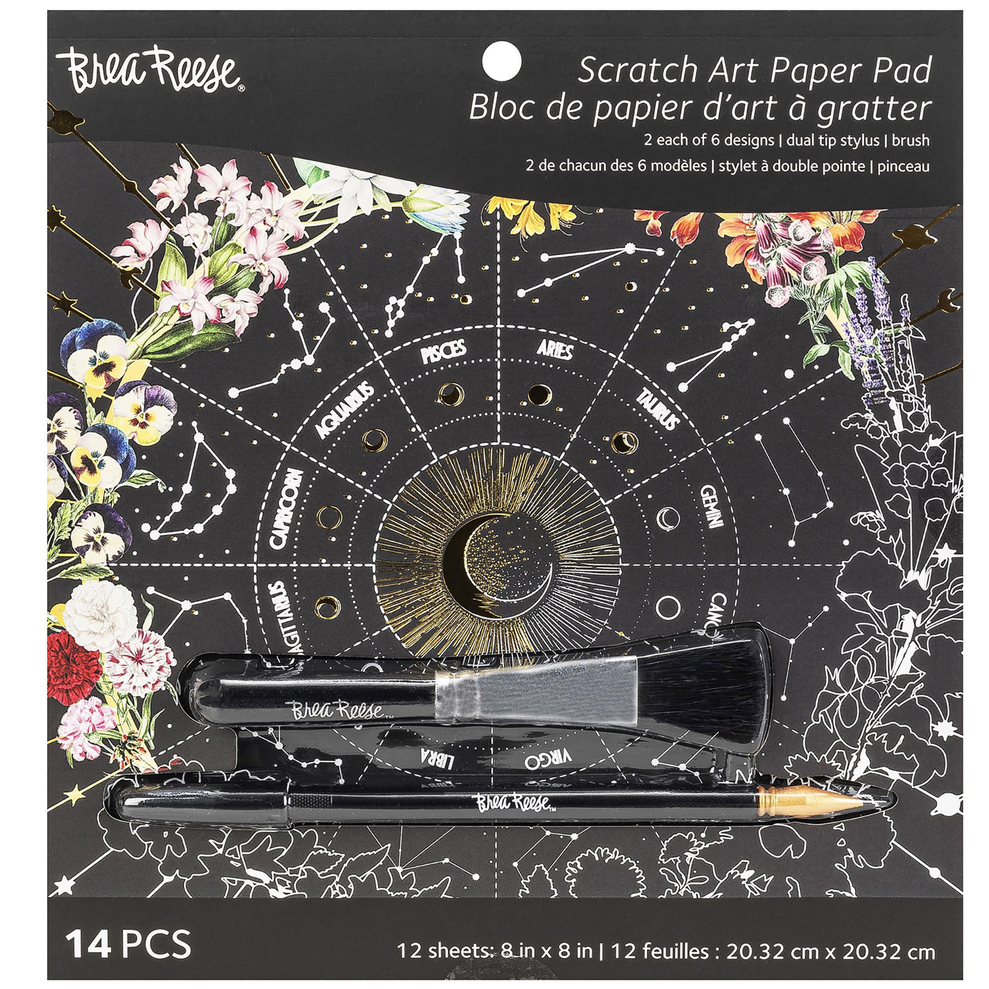 Brea Reese Scratch Art Pad: 12 Celestial 8x8 Metallic Designs for Adult Relaxation