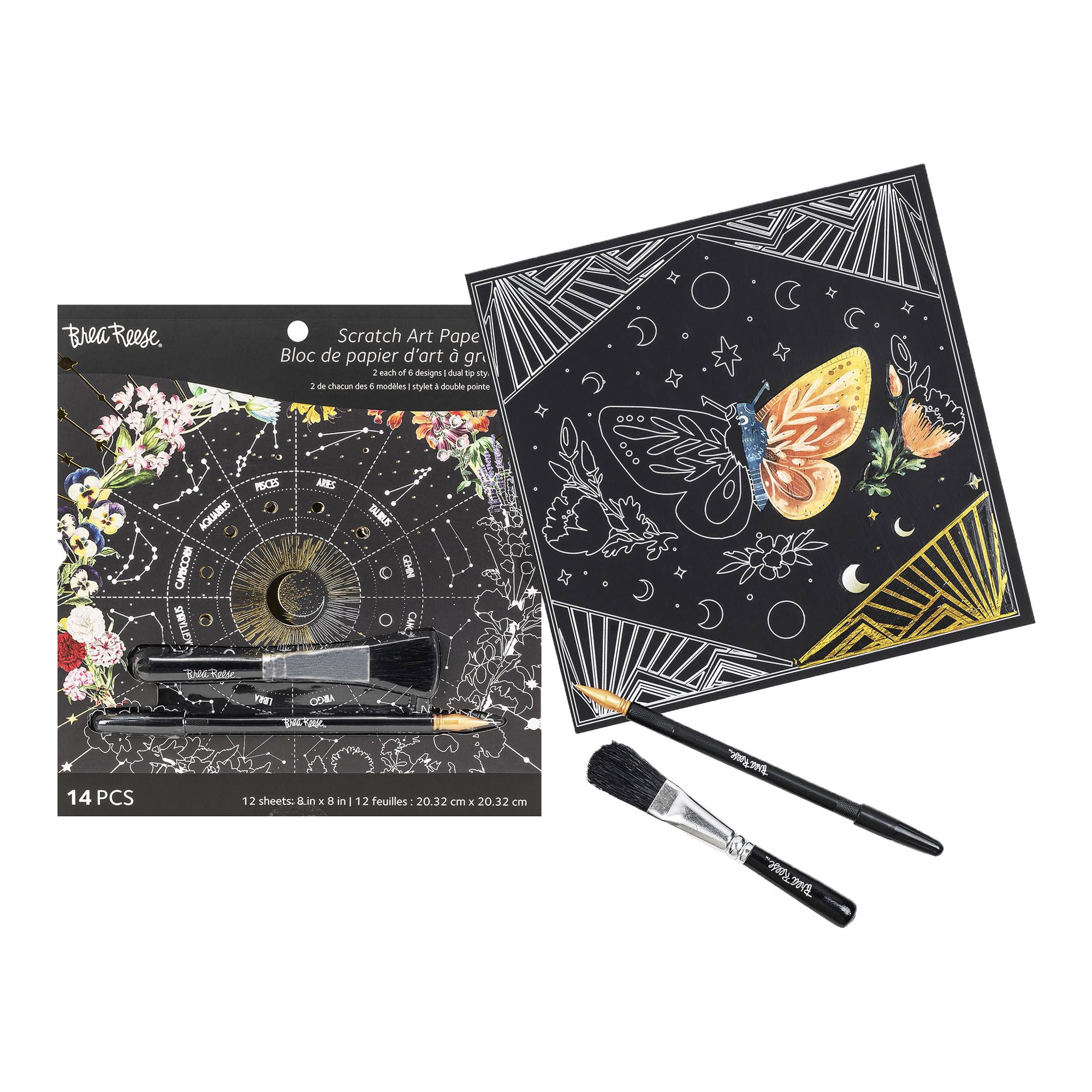 Brea Reese Scratch Art Pad: 12 Celestial 8x8 Metallic Designs for Adult Relaxation
