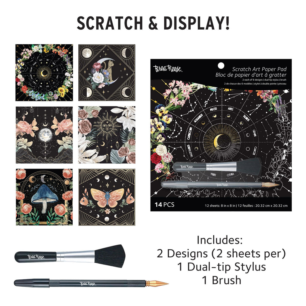 Brea Reese Scratch Art Pad: 12 Celestial 8x8 Metallic Designs for Adult Relaxation