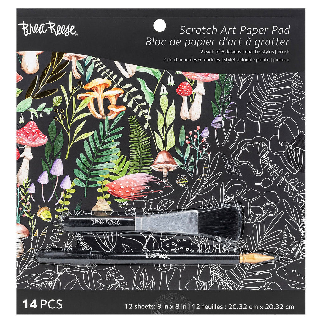 Brea Reese Scratch Art Paper Pad – Nature – 12 Metallic Designs, 8x8 Tear-Out Sheets with Stylus & Brush