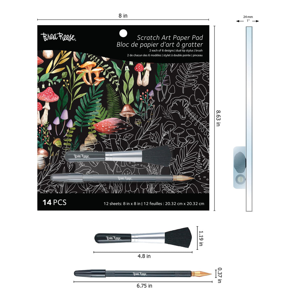 Brea Reese Scratch Art Paper Pad – Nature – 12 Metallic Designs, 8x8 Tear-Out Sheets with Stylus & Brush