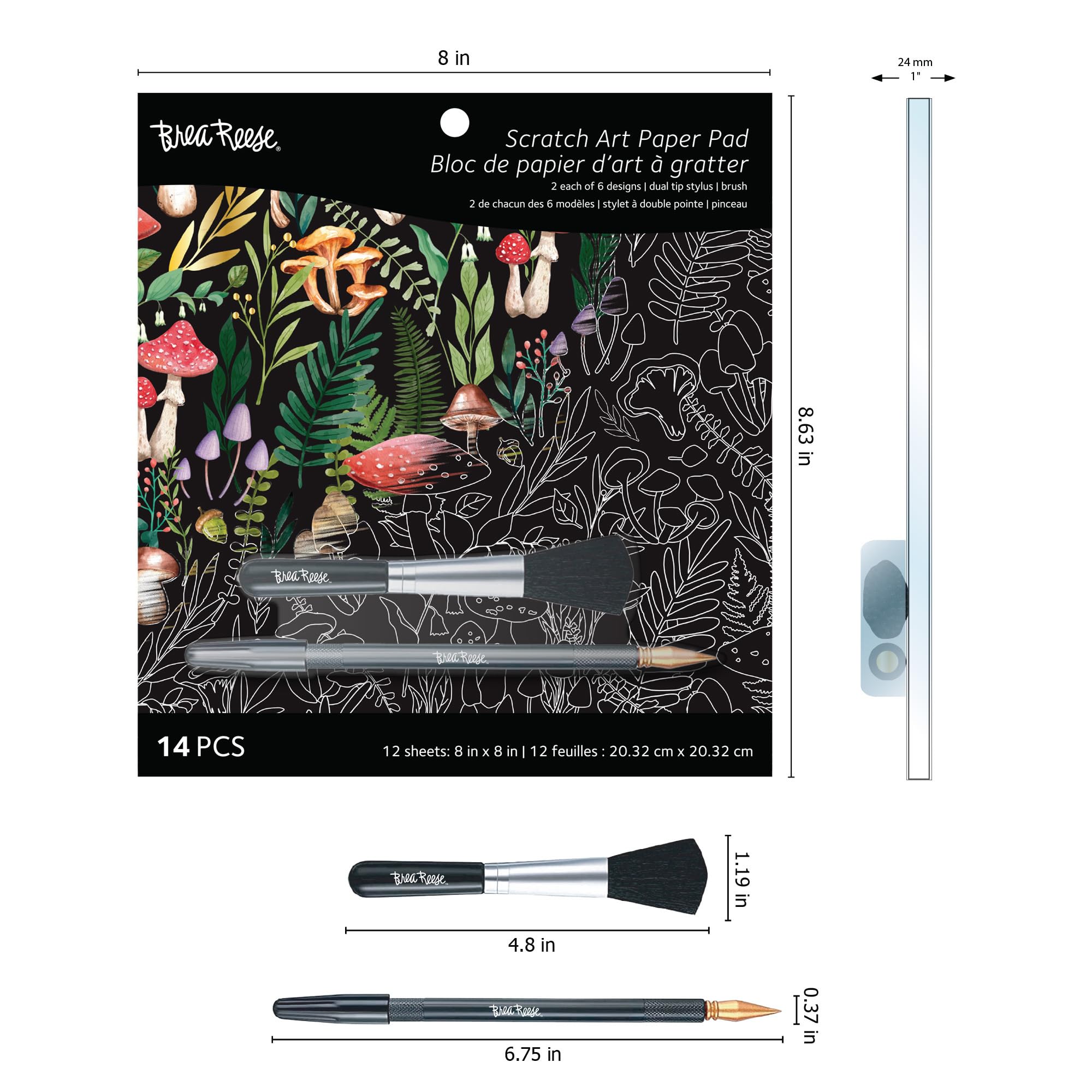 Brea Reese Scratch Art Paper Pad – Nature – 12 Metallic Designs, 8x8 Tear-Out Sheets with Stylus & Brush