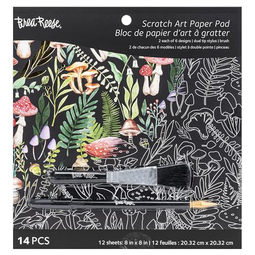 Brea Reese Scratch Art Paper Pad – Nature – 12 Metallic Designs, 8x8 Tear-Out Sheets with Stylus & Brush