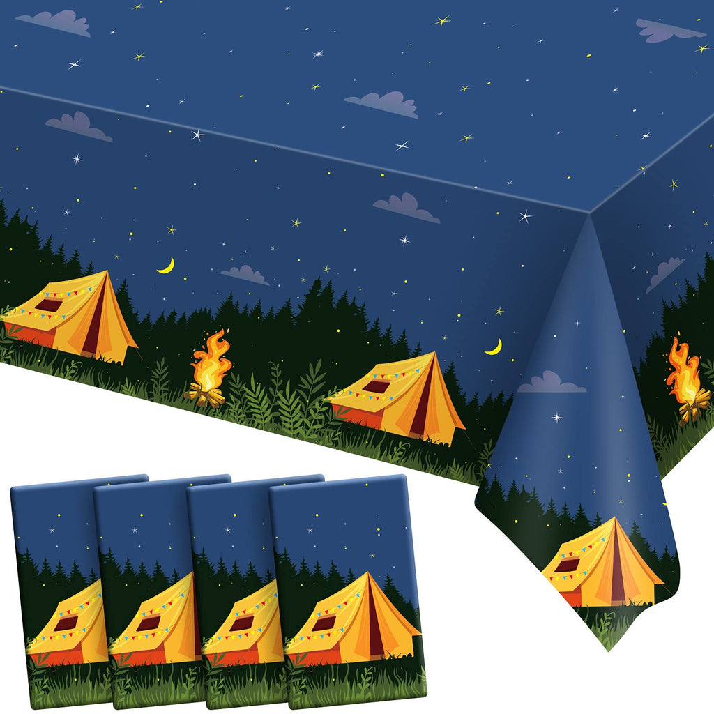 Breling 4-Pack Rectangular Plastic Camping Tablecloths – Waterproof Picnic and Party Table Covers with Campfire Design