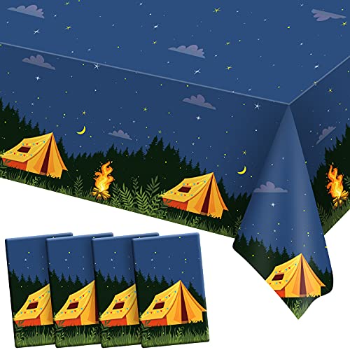 Breling 4-Pack Rectangular Plastic Camping Tablecloths – Waterproof Picnic and Party Table Covers with Campfire Design