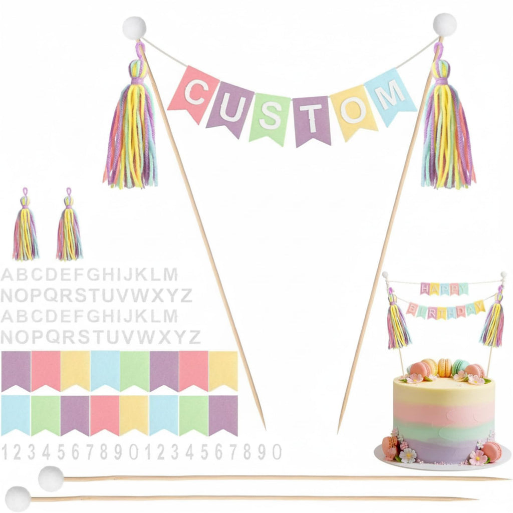 Breling Custom Cake Banner Topper Set - 90 Pieces Pastel Colors for Birthday Wedding Anniversary