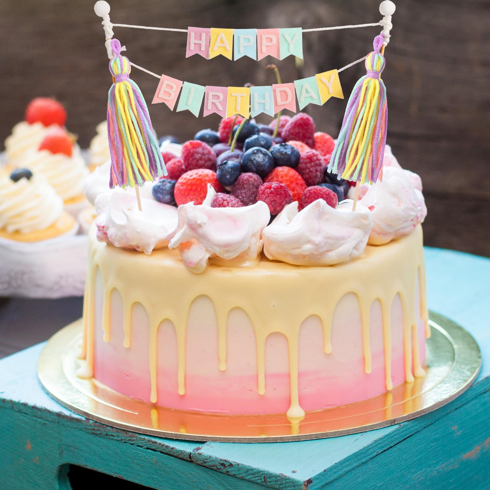 Breling Custom Cake Banner Topper Set - 90 Pieces Pastel Colors for Birthday Wedding Anniversary