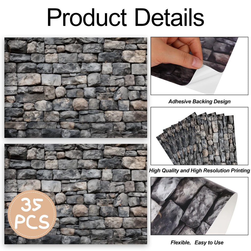 Brick Gray Dollhouse Wallpaper - 35 Self-Adhesive Sheets for Miniature Rooms