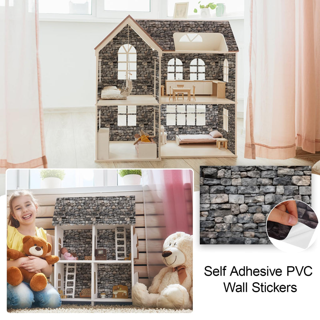 Brick Gray Dollhouse Wallpaper - 35 Self-Adhesive Sheets for Miniature Rooms