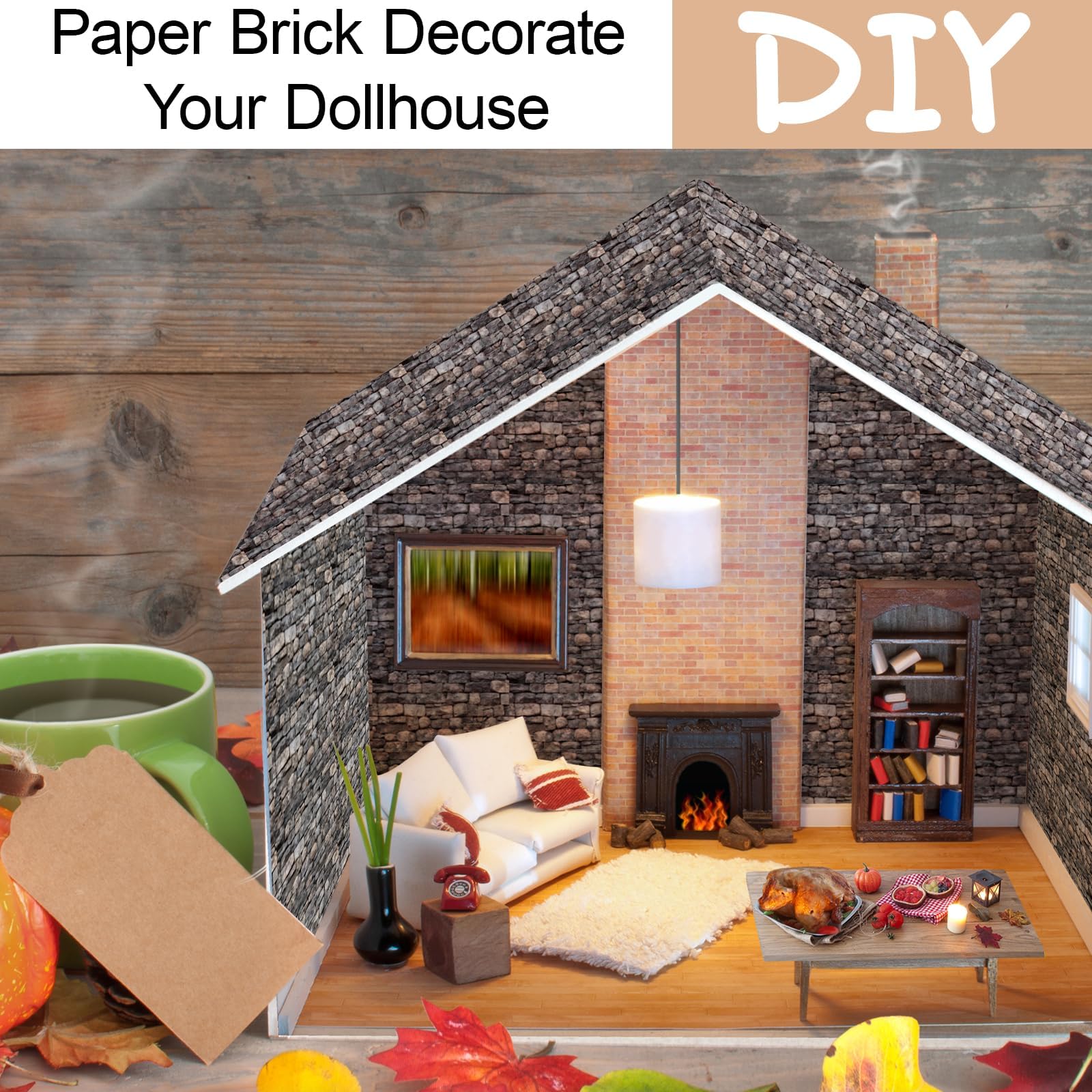 Brick Gray Dollhouse Wallpaper - 35 Self-Adhesive Sheets for Miniature Rooms