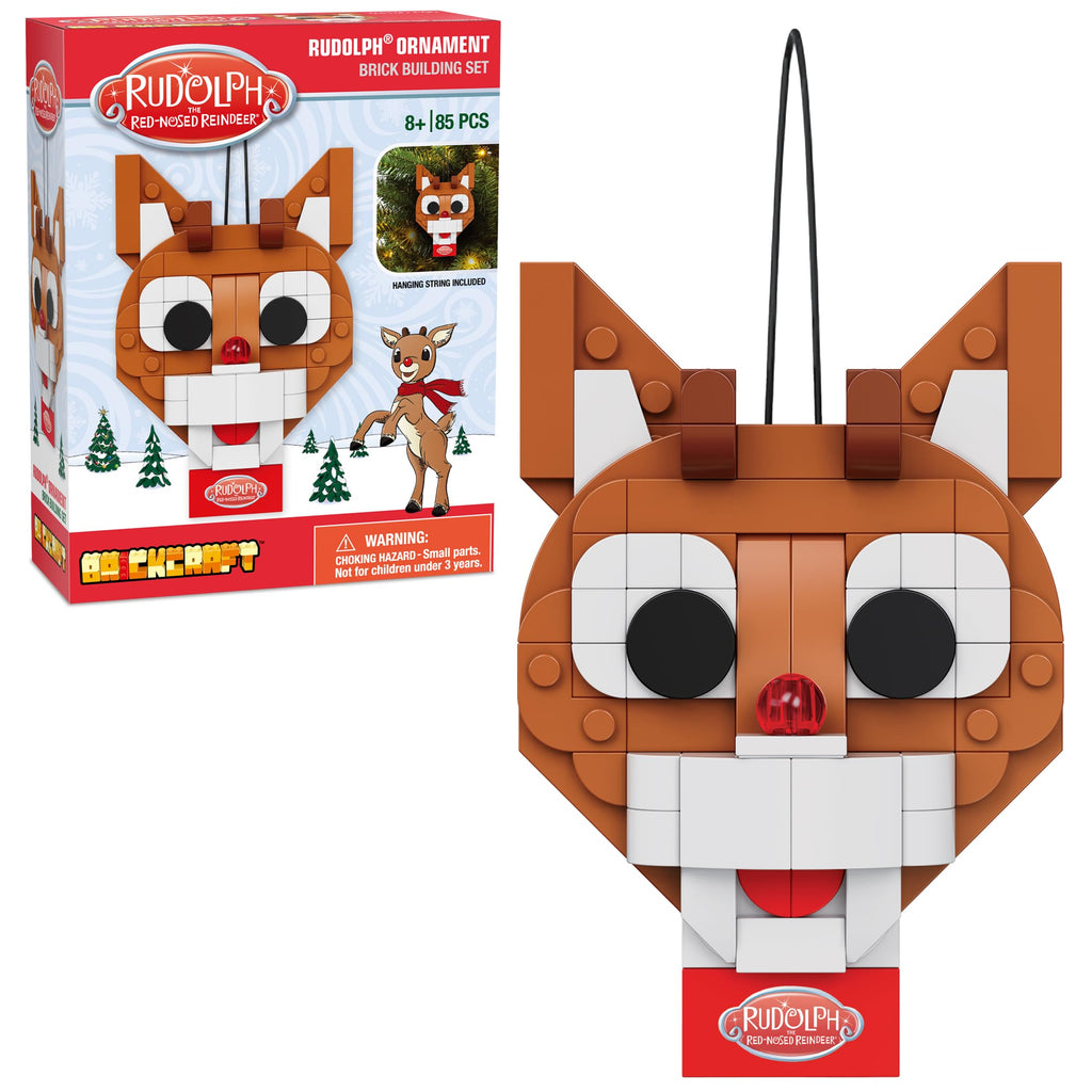 Brickcraft Rudolph the Red-Nosed Reindeer 85-Piece Brick Ornament Set with Hanging String – Christmas Tree Decoration, Ages 8+