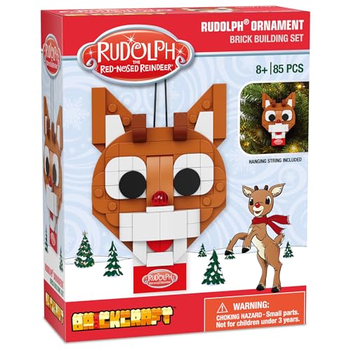 Brickcraft Rudolph the Red-Nosed Reindeer 85-Piece Brick Ornament Set with Hanging String – Christmas Tree Decoration, Ages 8+