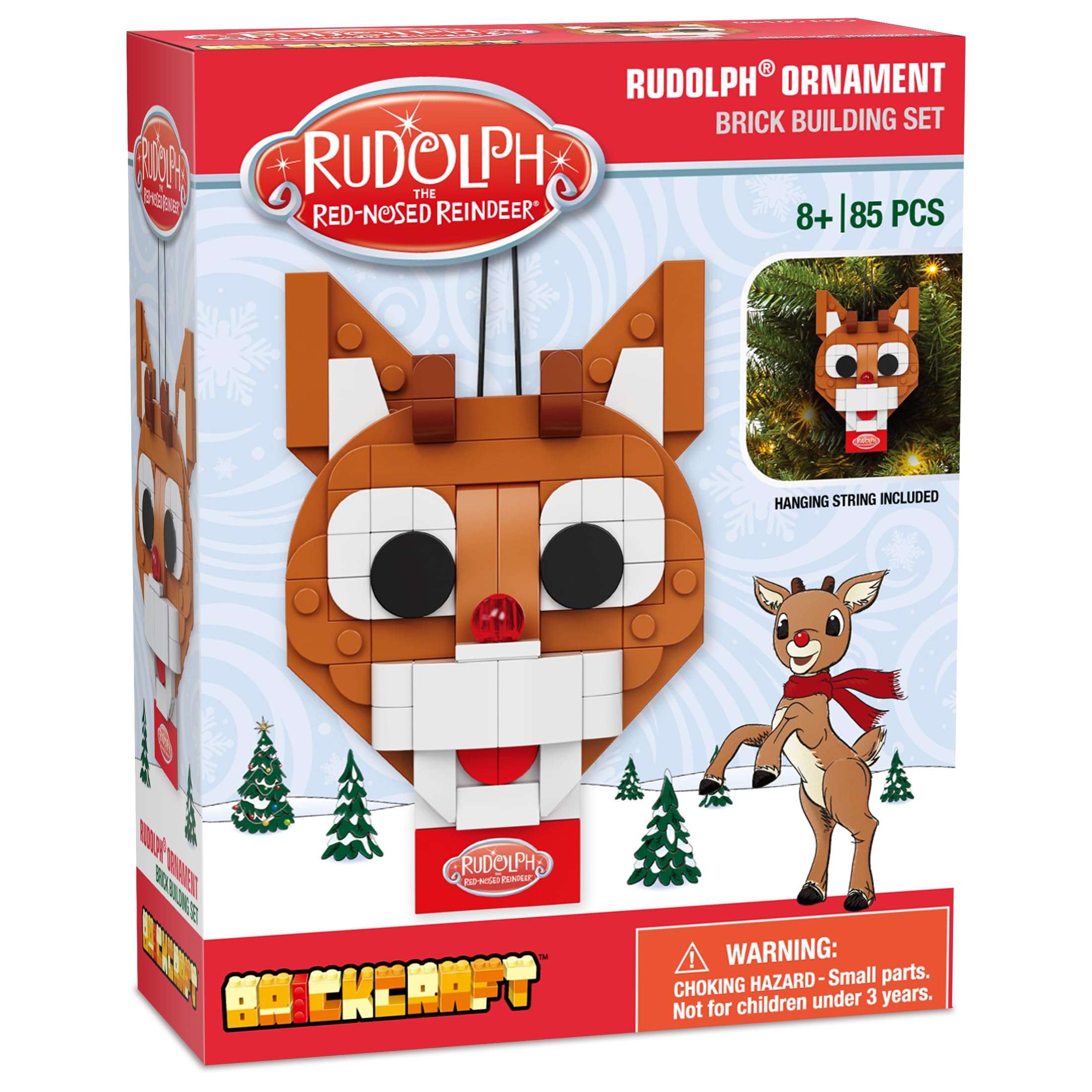 Brickcraft Rudolph the Red-Nosed Reindeer 85-Piece Brick Ornament Set with Hanging String – Christmas Tree Decoration, Ages 8+