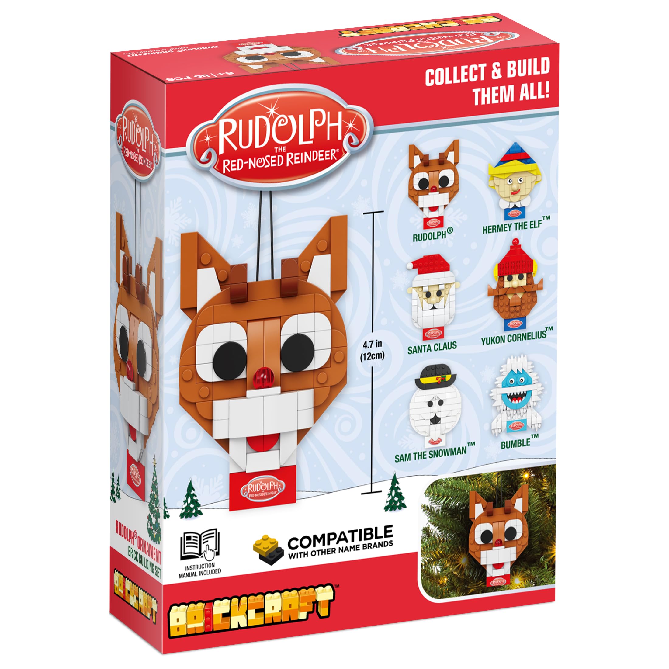 Brickcraft Rudolph the Red-Nosed Reindeer 85-Piece Brick Ornament Set with Hanging String – Christmas Tree Decoration, Ages 8+