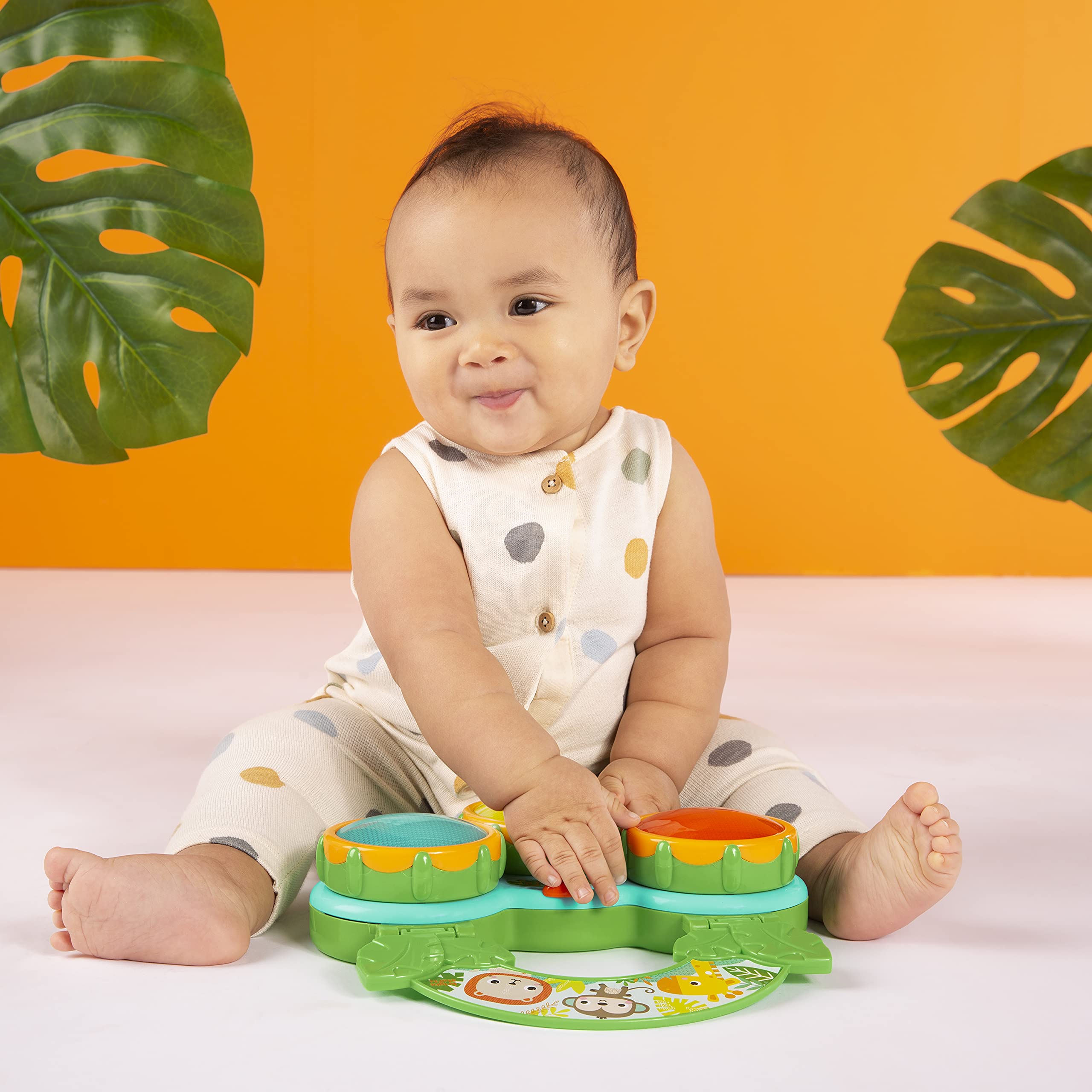 Bright Starts Safari Beats Musical Drum with Lights – 2 Modes, 3 Drums, Portable