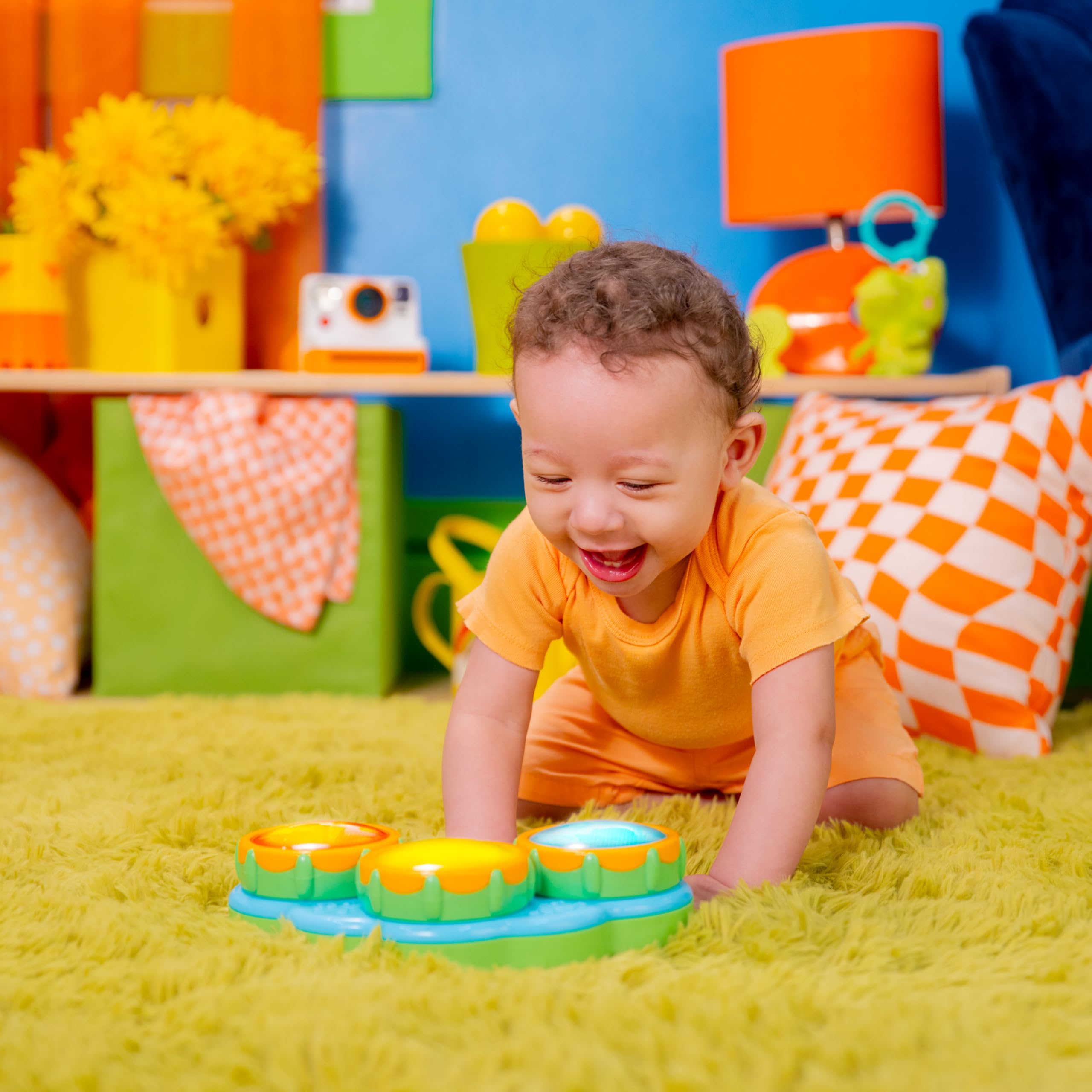 Bright Starts Safari Beats Musical Drum with Lights – 2 Modes, 3 Drums, Portable