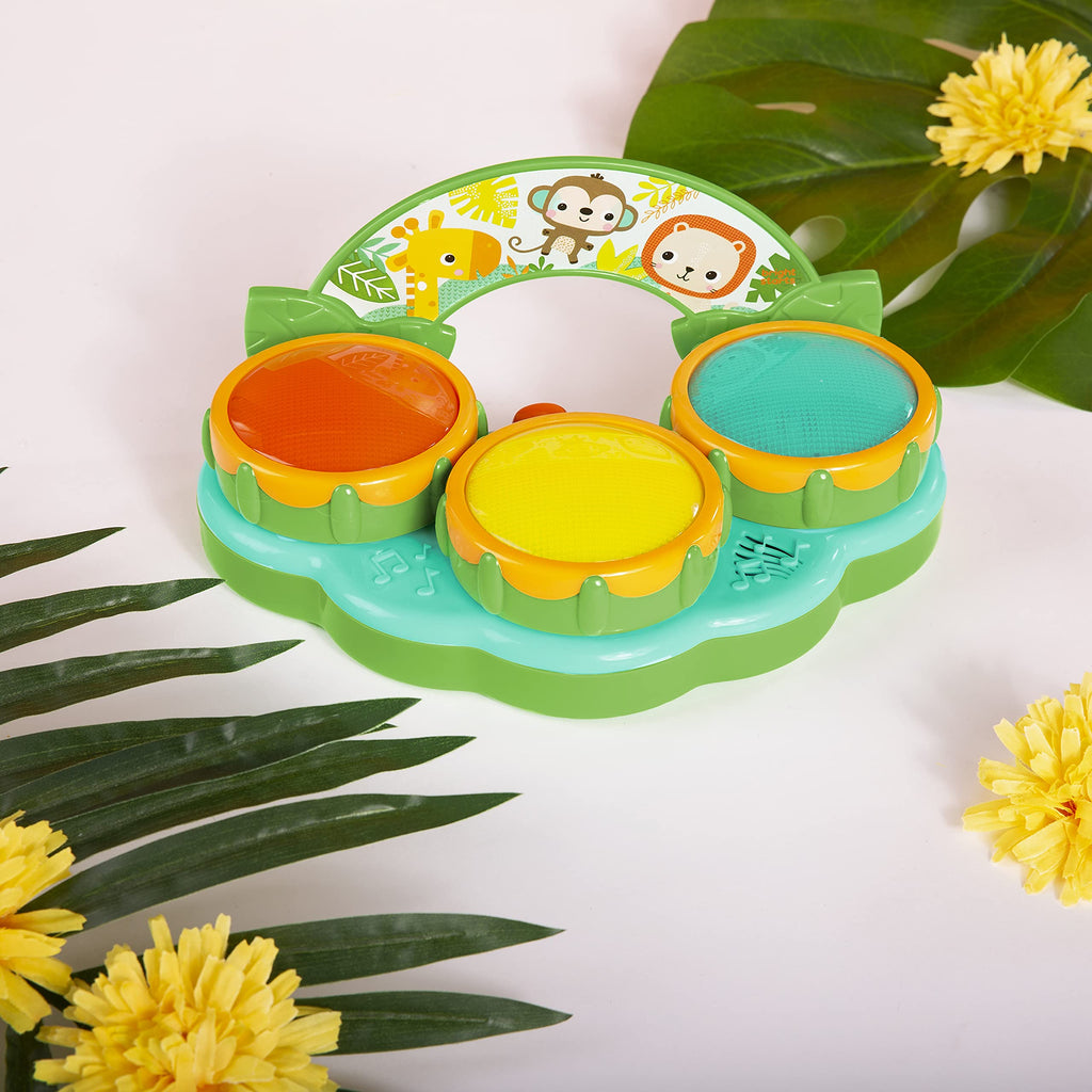 Bright Starts Safari Beats Musical Drum with Lights – 2 Modes, 3 Drums, Portable