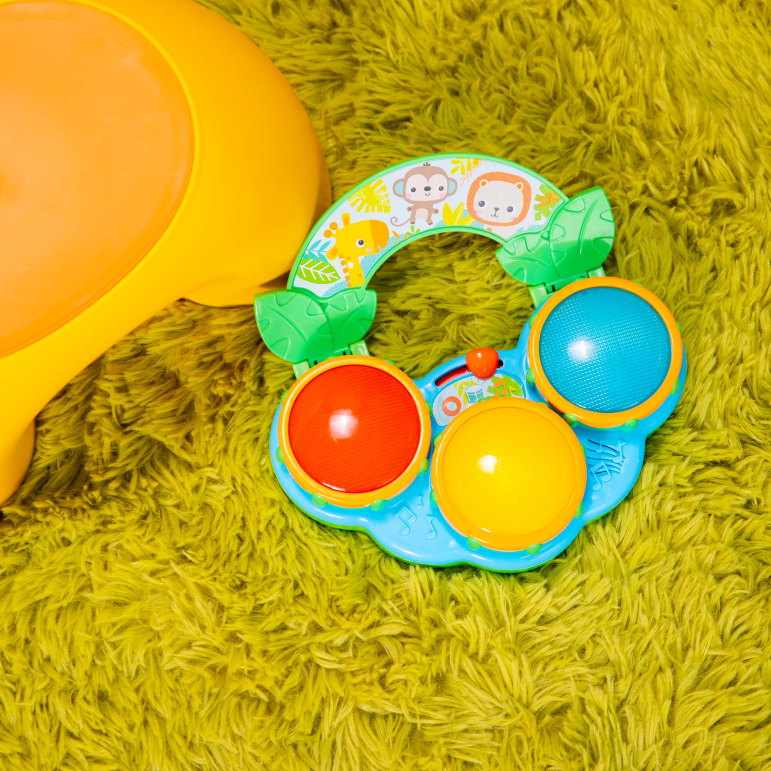 Bright Starts Safari Beats Musical Drum with Lights – 2 Modes, 3 Drums, Portable