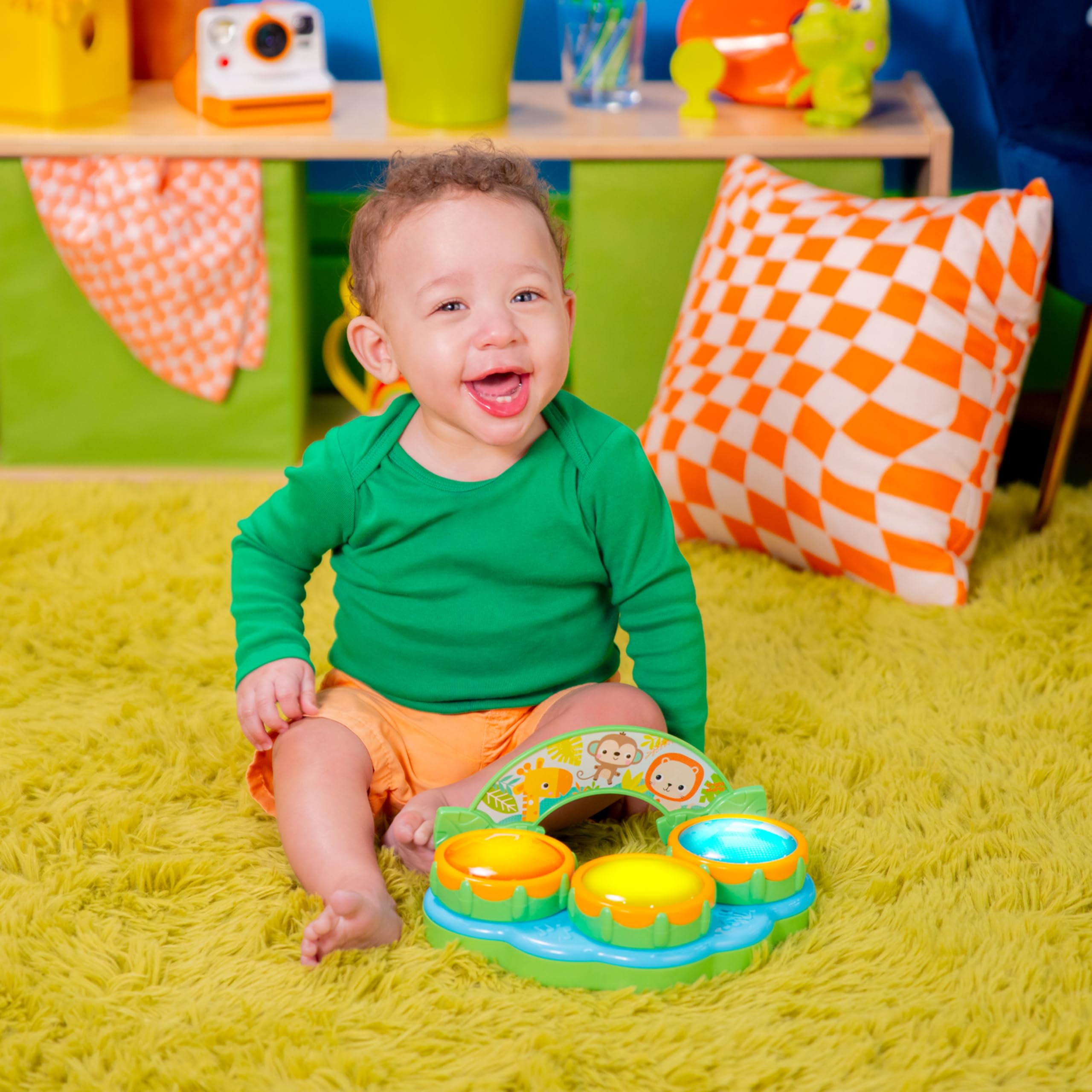 Bright Starts Safari Beats Musical Drum with Lights – 2 Modes, 3 Drums, Portable