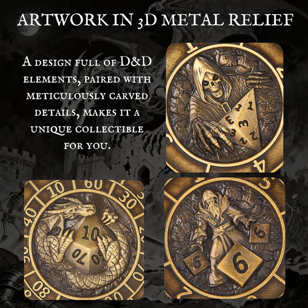 Bronze Metal Spinner Dice Set – 7-in-1 Polyhedral RPG Dice for D&D and TTRPGs