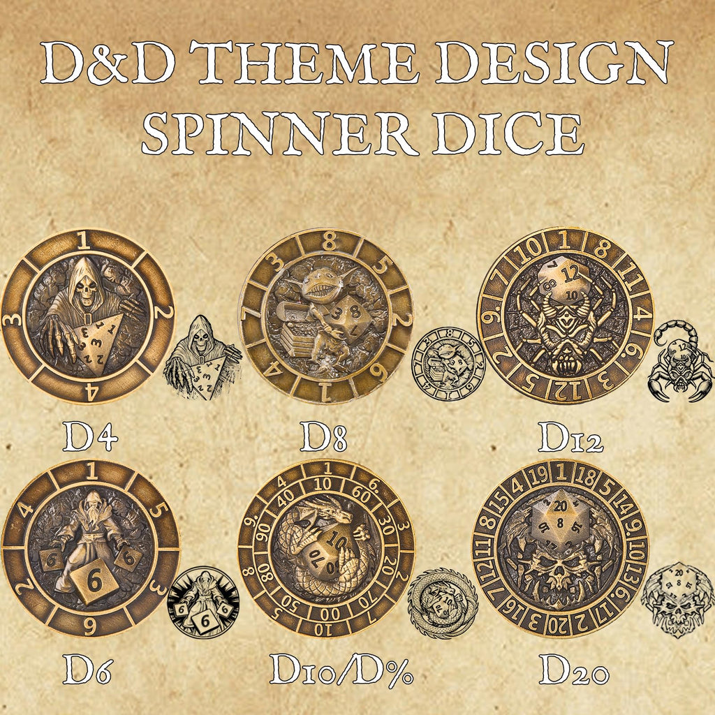 Bronze Metal Spinner Dice Set – 7-in-1 Polyhedral RPG Dice for D&D and TTRPGs