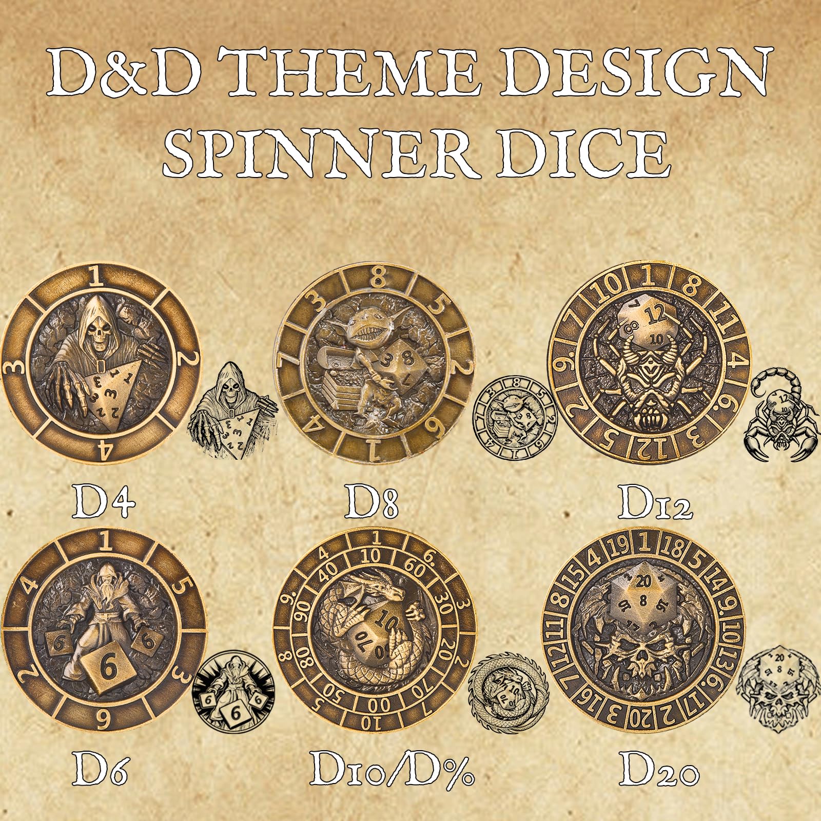 Bronze Metal Spinner Dice Set – 7-in-1 Polyhedral RPG Dice for D&D and TTRPGs