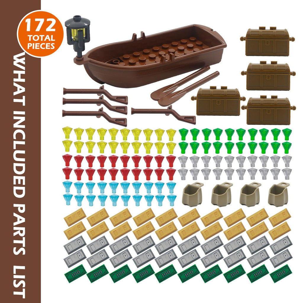 BroTex 172-Piece Pirate Treasure Building Brick Set - Gold Bars, Gems, and More