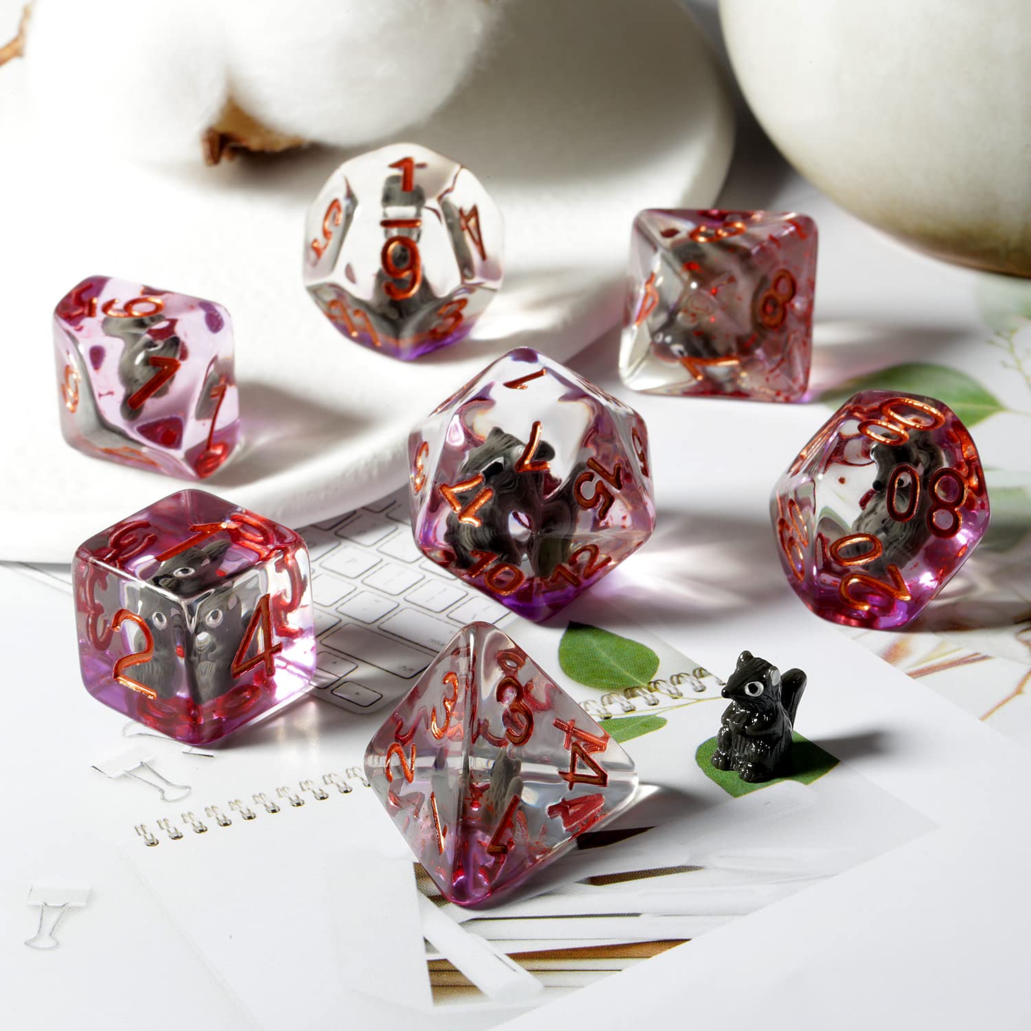 Brown Bear D&D Dice Set – 7 Polyhedral Resin Dice with Velvet Bag
