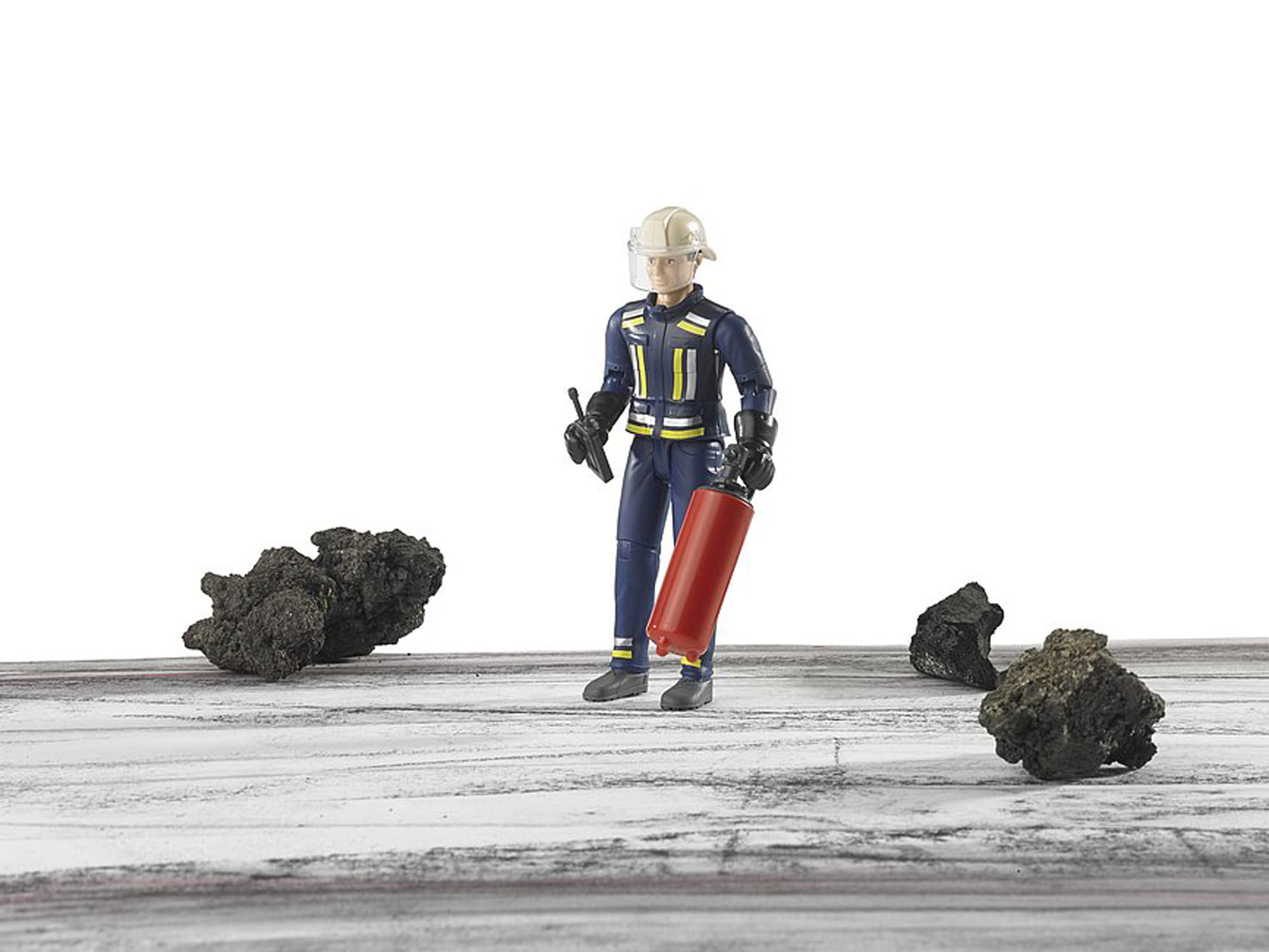 Bruder bworld Fireman Action Figure with Helmet, Radio & Fire Extinguisher – 4.2" ABS Plastic