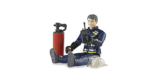 Bruder bworld Fireman Action Figure with Helmet, Radio & Fire Extinguisher – 4.2" ABS Plastic