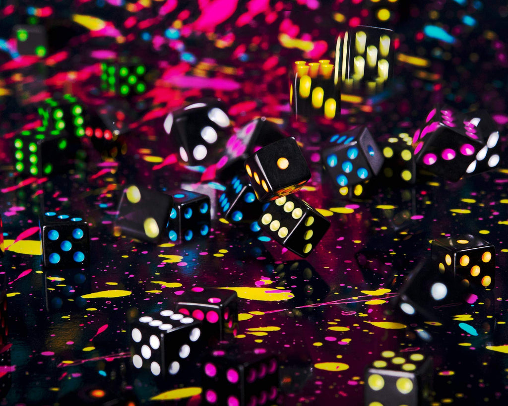 Brybelly Blackout Dice 50-Pack: 16mm Neon Pips Dice, 10 Color Sets for Liar's Dice, Farkle & More