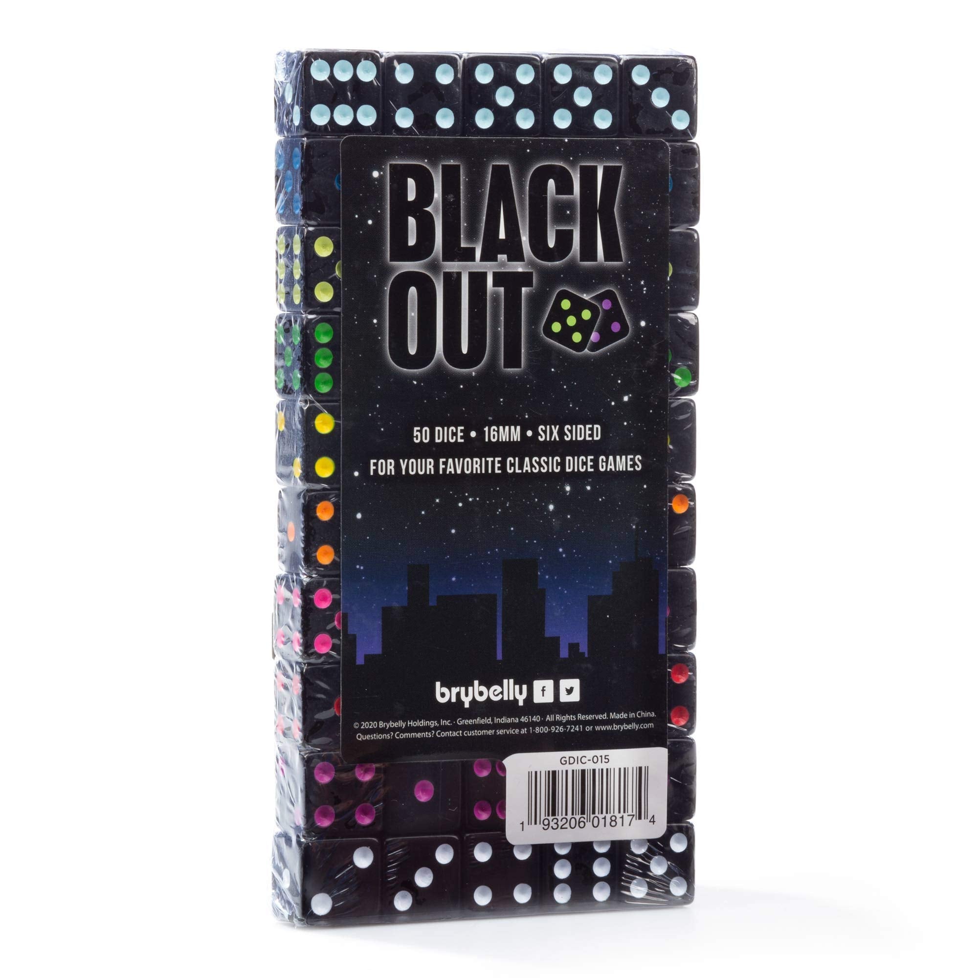 Brybelly Blackout Dice 50-Pack: 16mm Neon Pips Dice, 10 Color Sets for Liar's Dice, Farkle & More