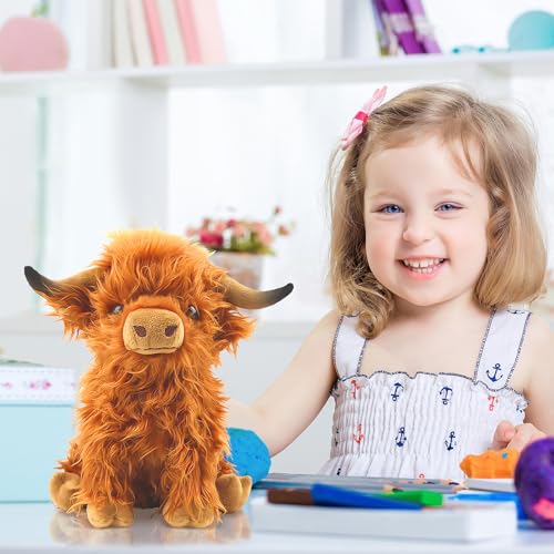 Bsanker Highland Cow Plush Toy – 10.5 Inch Realistic Stuffed Animal, Soft Fluffy Farm Cow Gift for Kids & Adults