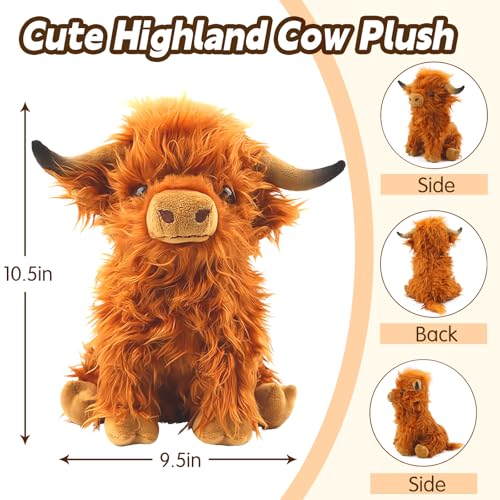 Bsanker Highland Cow Plush Toy – 10.5 Inch Realistic Stuffed Animal, Soft Fluffy Farm Cow Gift for Kids & Adults