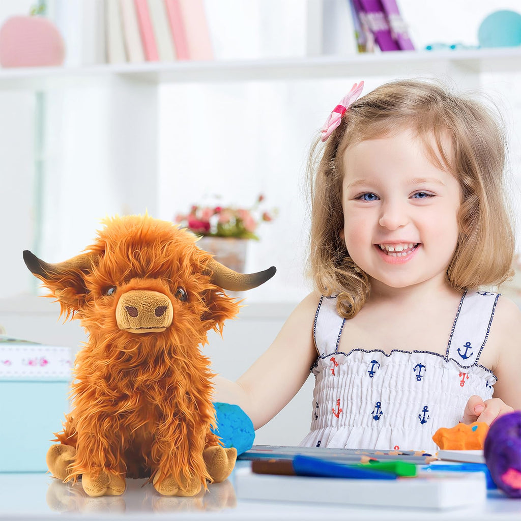 Bsanker Highland Cow Plush Toy – 10.5 Inch Realistic Stuffed Animal, Soft Fluffy Farm Cow Gift for Kids & Adults