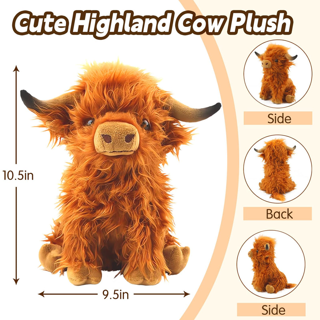 Bsanker Highland Cow Plush Toy – 10.5 Inch Realistic Stuffed Animal, Soft Fluffy Farm Cow Gift for Kids & Adults
