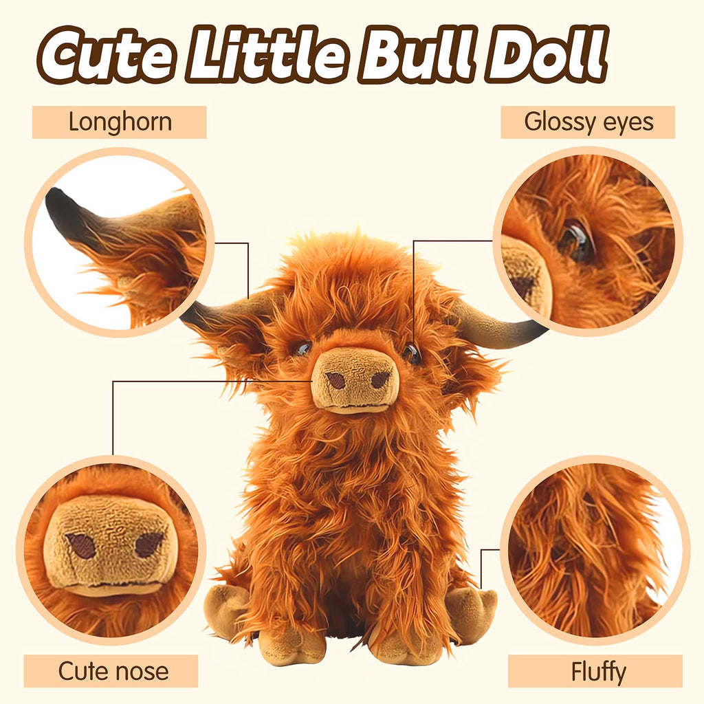 Bsanker Highland Cow Plush Toy – 10.5 Inch Realistic Stuffed Animal, Soft Fluffy Farm Cow Gift for Kids & Adults