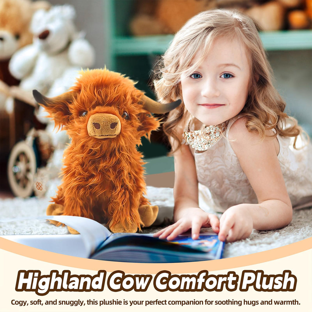 Bsanker Highland Cow Plush Toy – 10.5 Inch Realistic Stuffed Animal, Soft Fluffy Farm Cow Gift for Kids & Adults