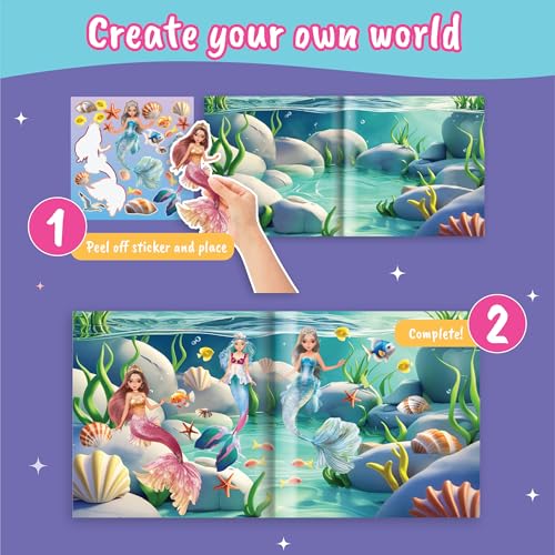 BSCOOL Mermaid Kingdom Reusable Sticker Book for Girls Ages 4-6 | Over 100 Stickers | Portable Travel Activity