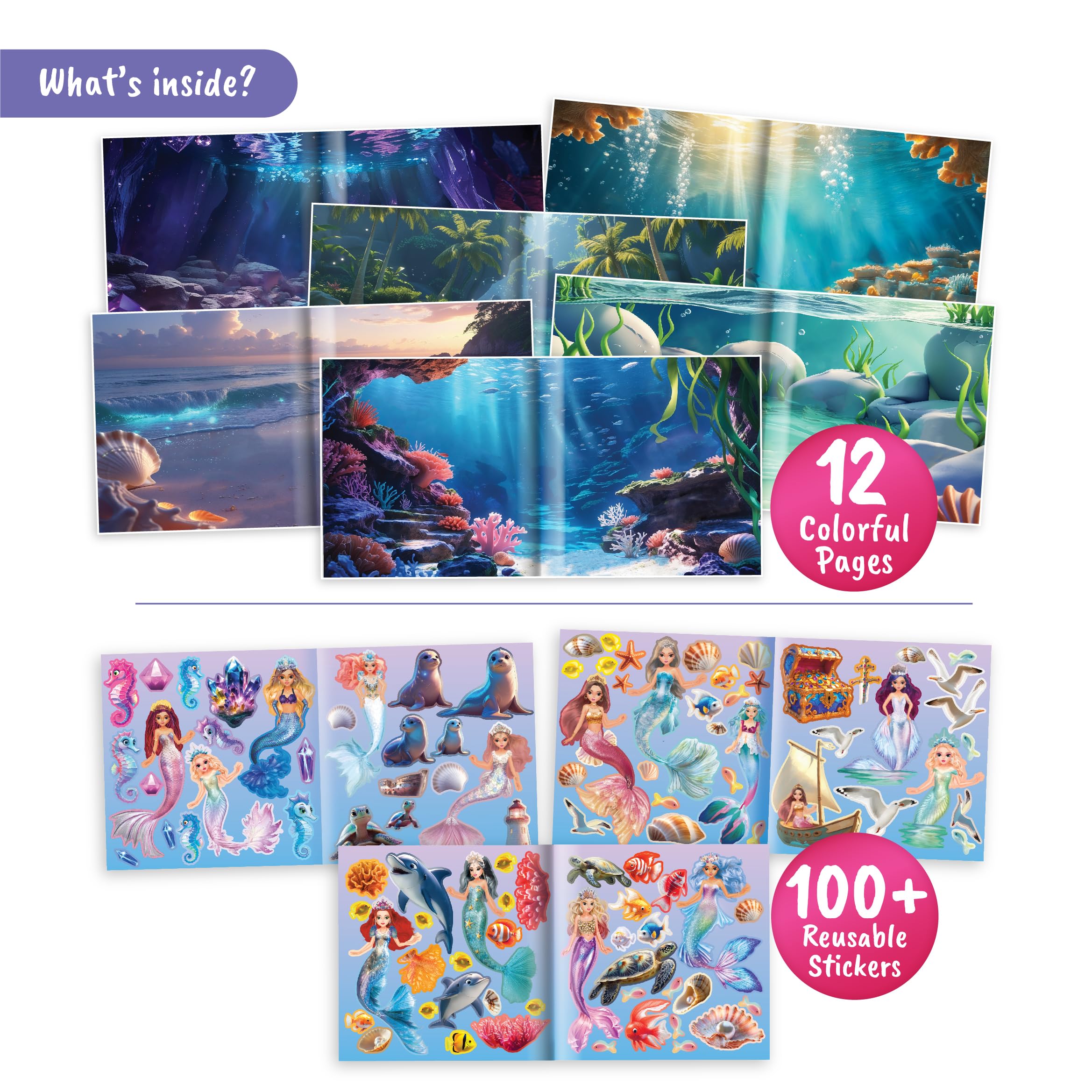 BSCOOL Mermaid Kingdom Reusable Sticker Book for Girls Ages 4-6 | Over 100 Stickers | Portable Travel Activity
